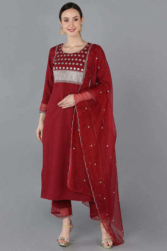  Women Red Poly Silk Yoke Design 