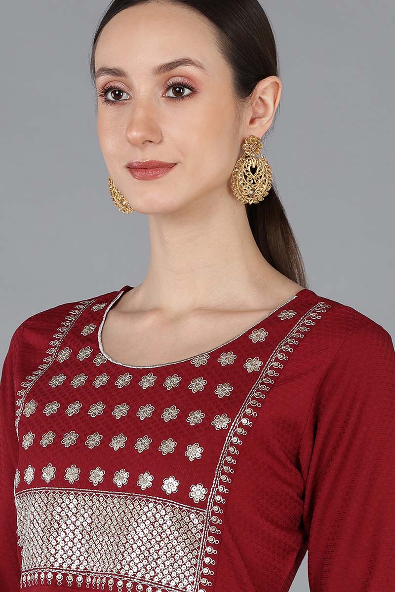  Women Red Poly Silk Yoke Design 