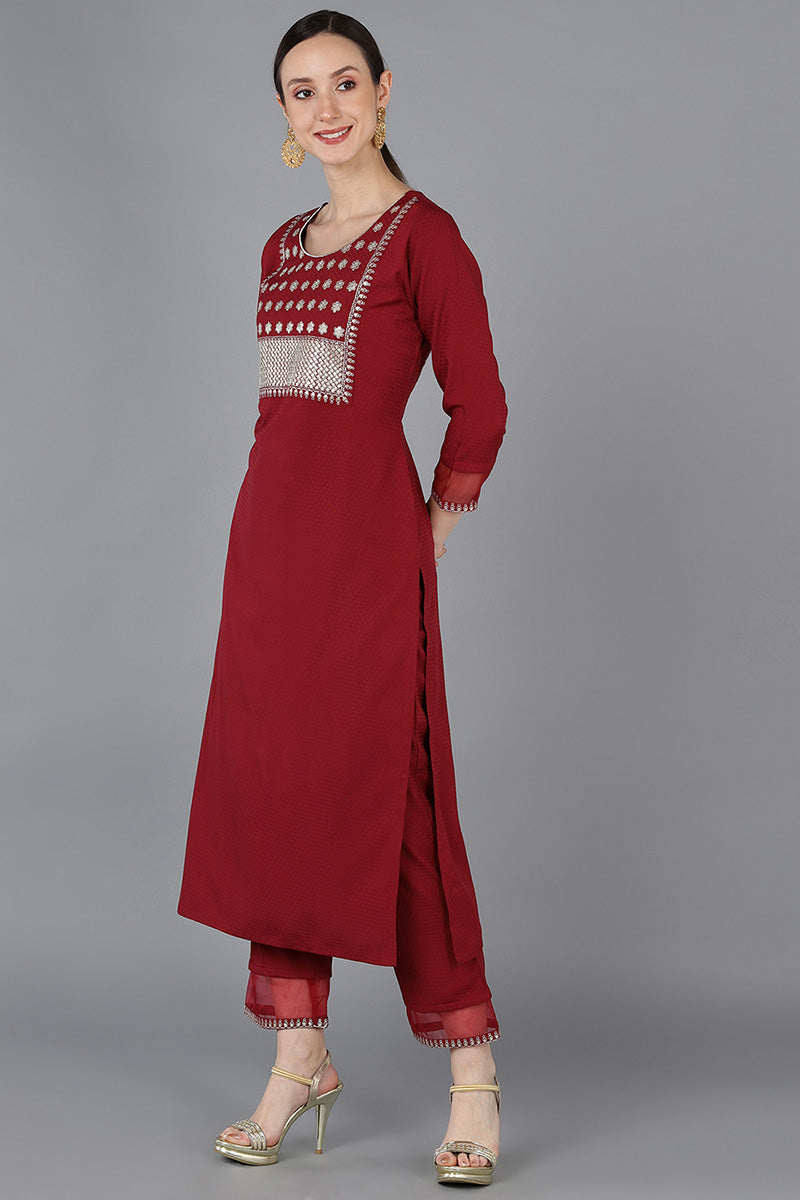  Women Red Poly Silk Yoke Design 