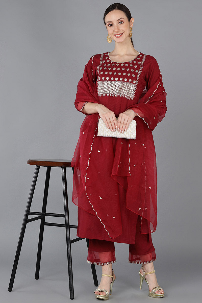  Women Red Poly Silk Yoke Design 