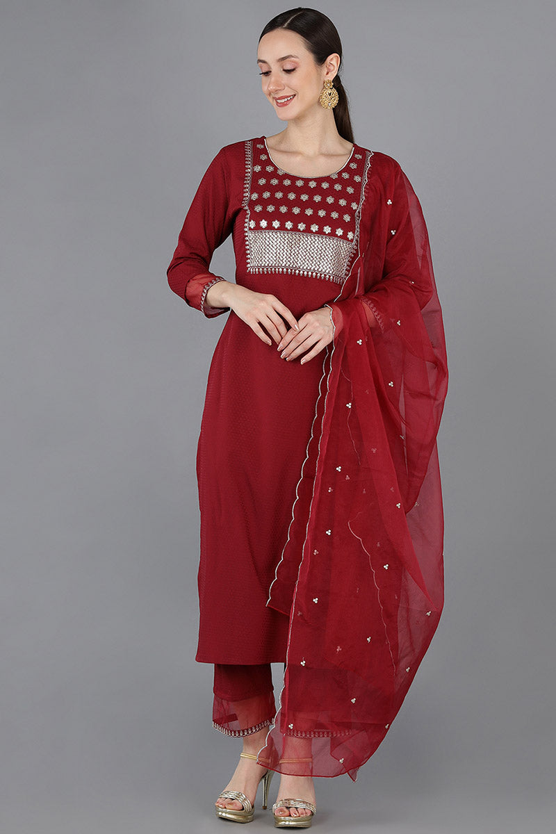  Women Red Poly Silk Yoke Design 