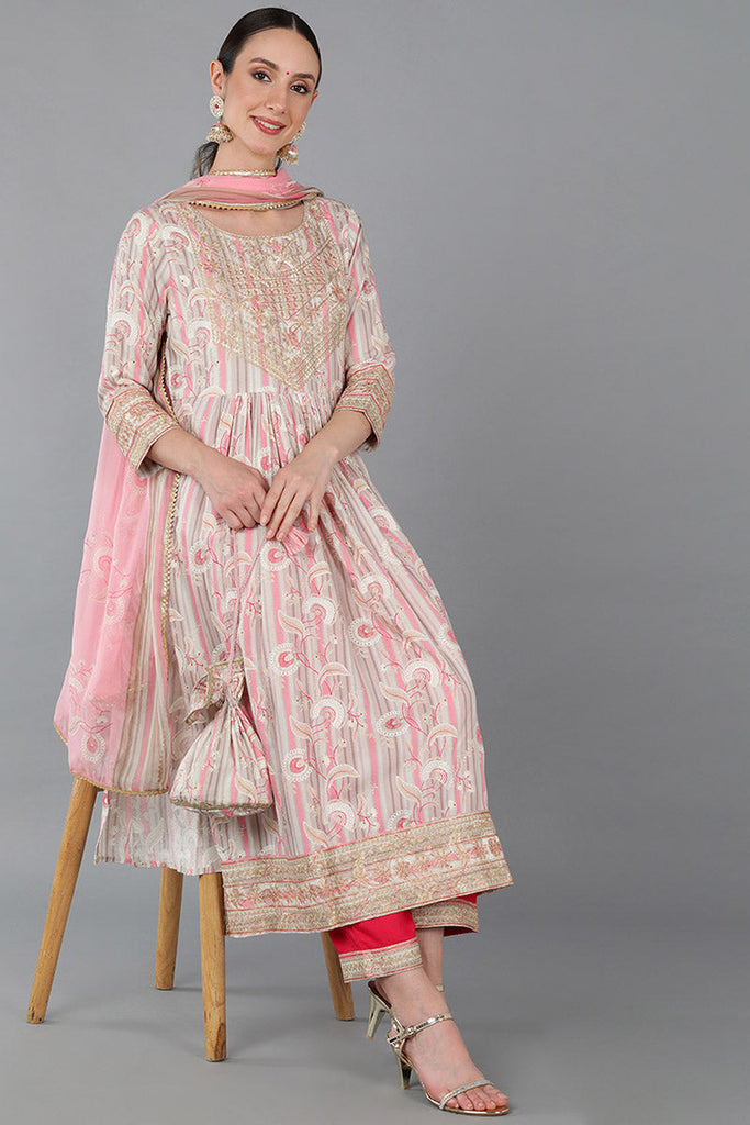 Beige Poly Silk Abstract Straight Kurta Trousers With Dupatta 