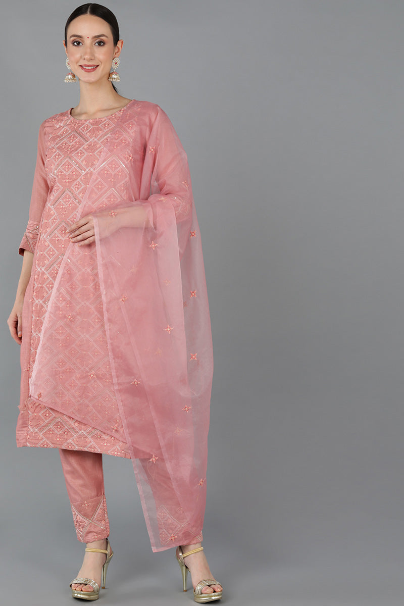 Pink Silk Blend Abstract Straight Kurta Trousers With Dupatta 