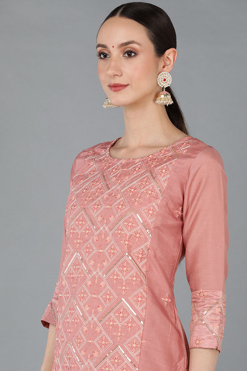 Pink Silk Blend Abstract Straight Kurta Trousers With Dupatta 