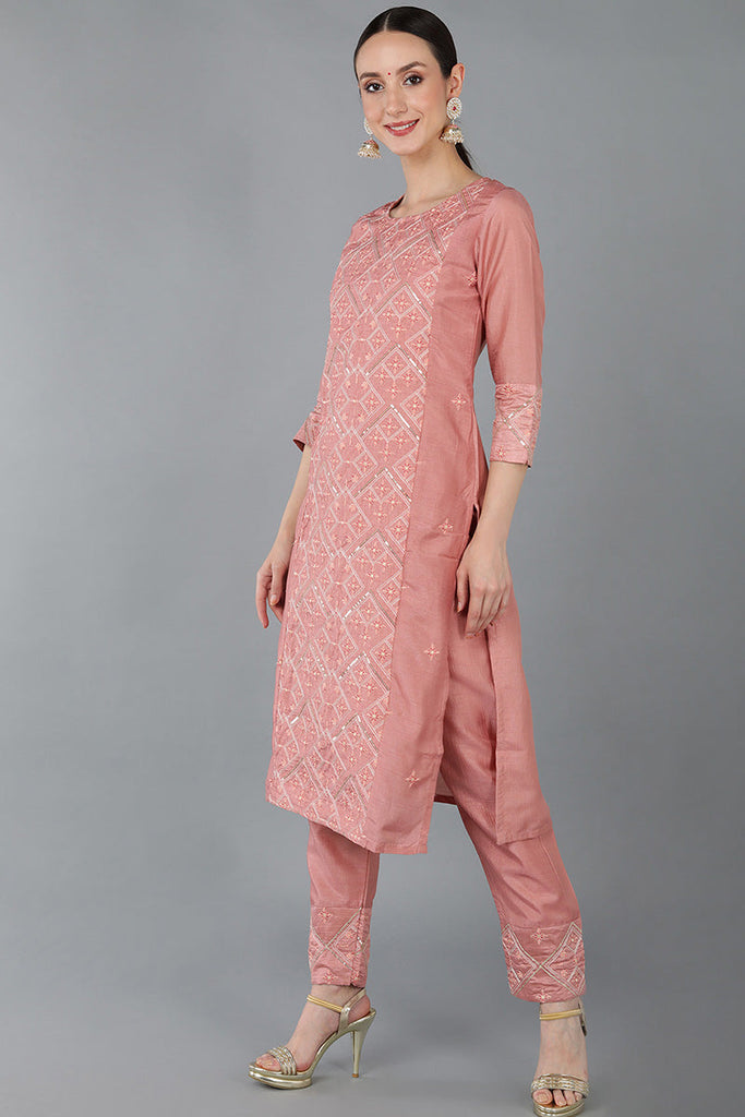 Pink Silk Blend Abstract Straight Kurta Trousers With Dupatta 