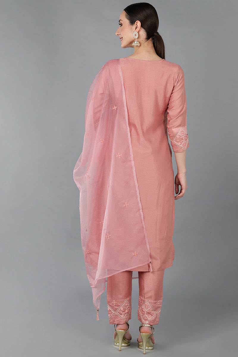 Pink Silk Blend Abstract Straight Kurta Trousers With Dupatta 