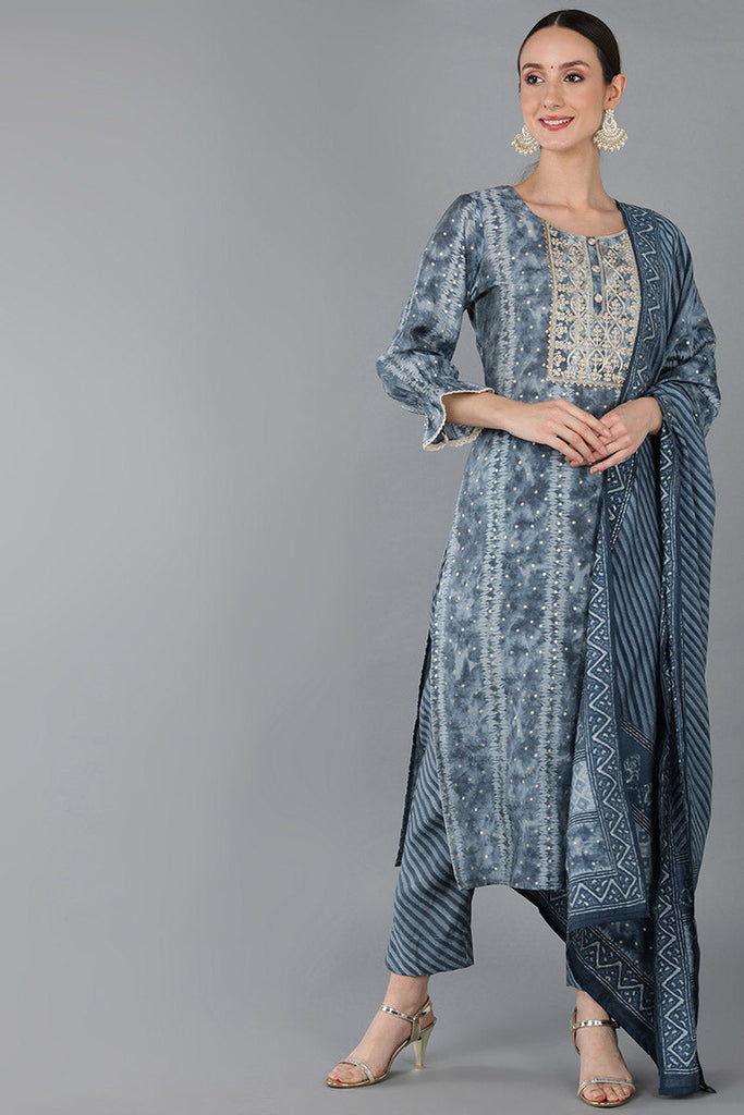 Charcoal Silk Blend Ethnic Motifs Straight Kurta Trousers With Dupatta 