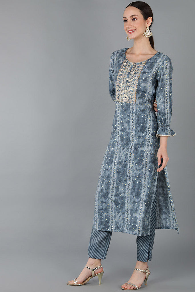 Charcoal Silk Blend Ethnic Motifs Straight Kurta Trousers With Dupatta 