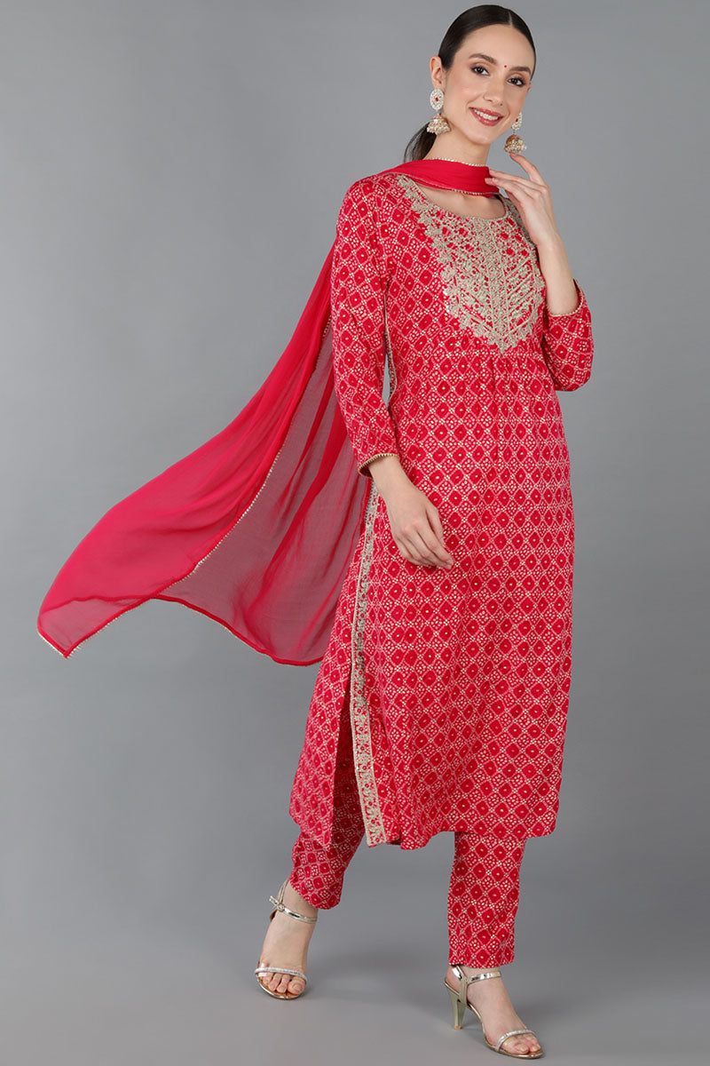 Red Viscose Rayon Ethnic Motifs Straight Kurta Trousers With Dupatta 