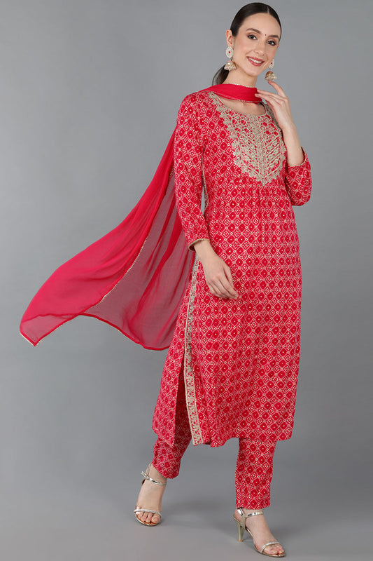 Red Viscose Rayon Ethnic Motifs Straight Kurta Trousers With Dupatta 