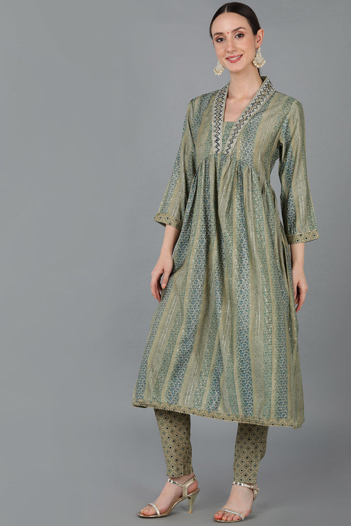 Green Silk Blend Abstract Anarkali Kurta Trousers With Dupatta 