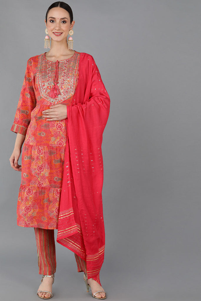 Peach Silk Blend Abstract Straight Kurta Trousers With Dupatta 