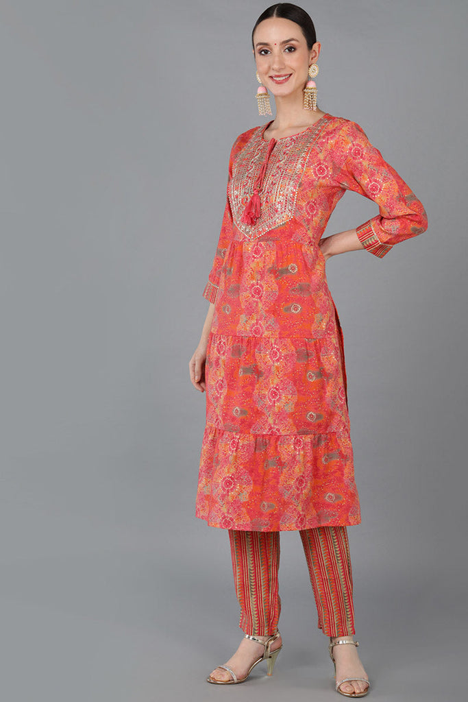 Peach Silk Blend Abstract Straight Kurta Trousers With Dupatta 