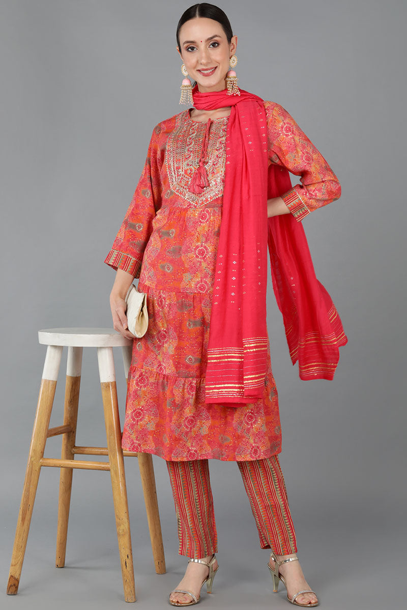 Peach Silk Blend Abstract Straight Kurta Trousers With Dupatta 