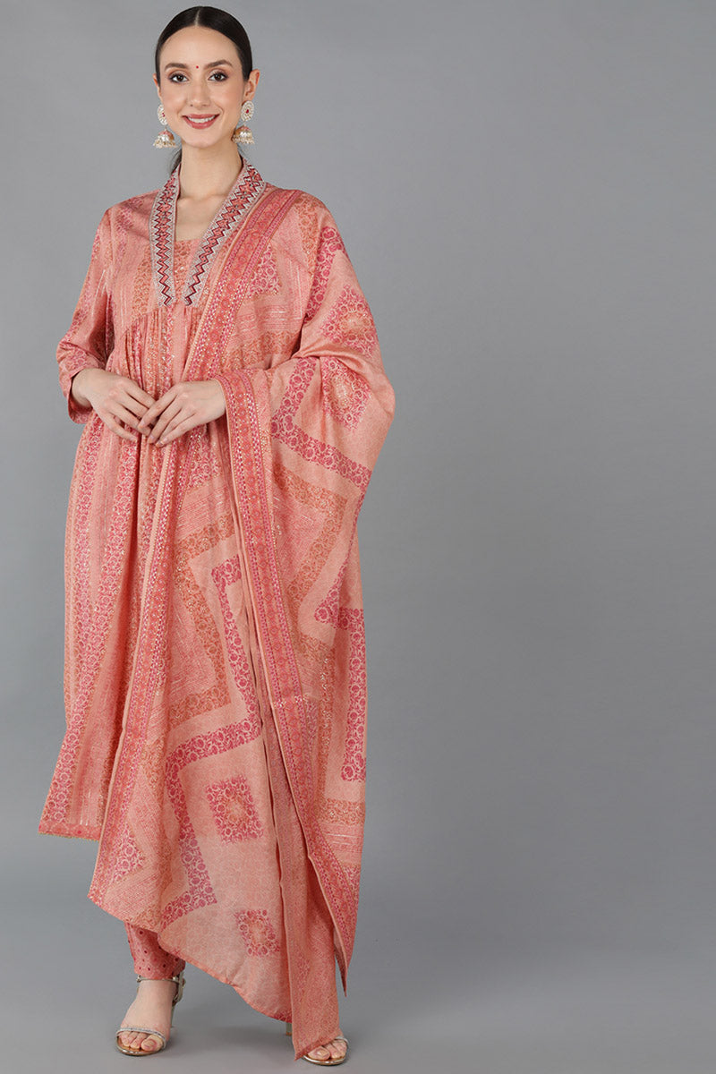 Peach Silk Blend Abstract Anarkali Kurta Trousers With Dupatta 