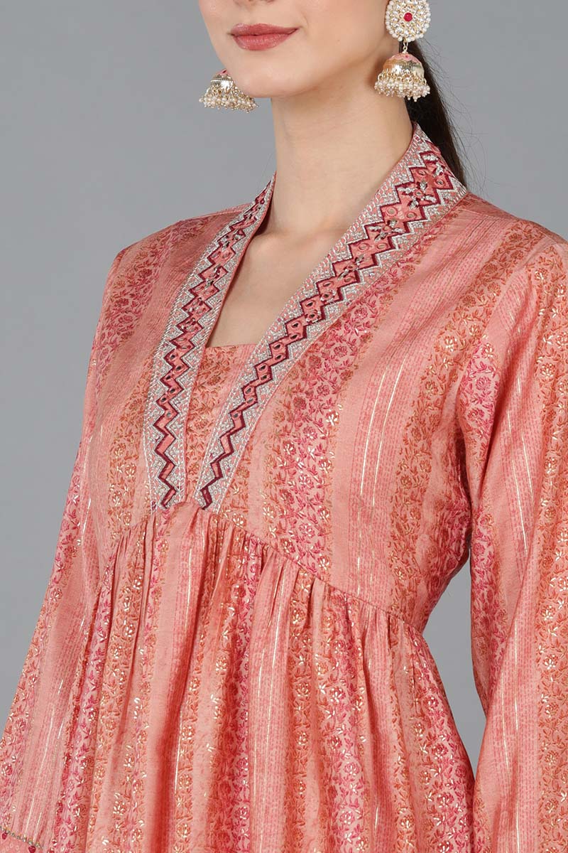 Peach Silk Blend Abstract Anarkali Kurta Trousers With Dupatta 