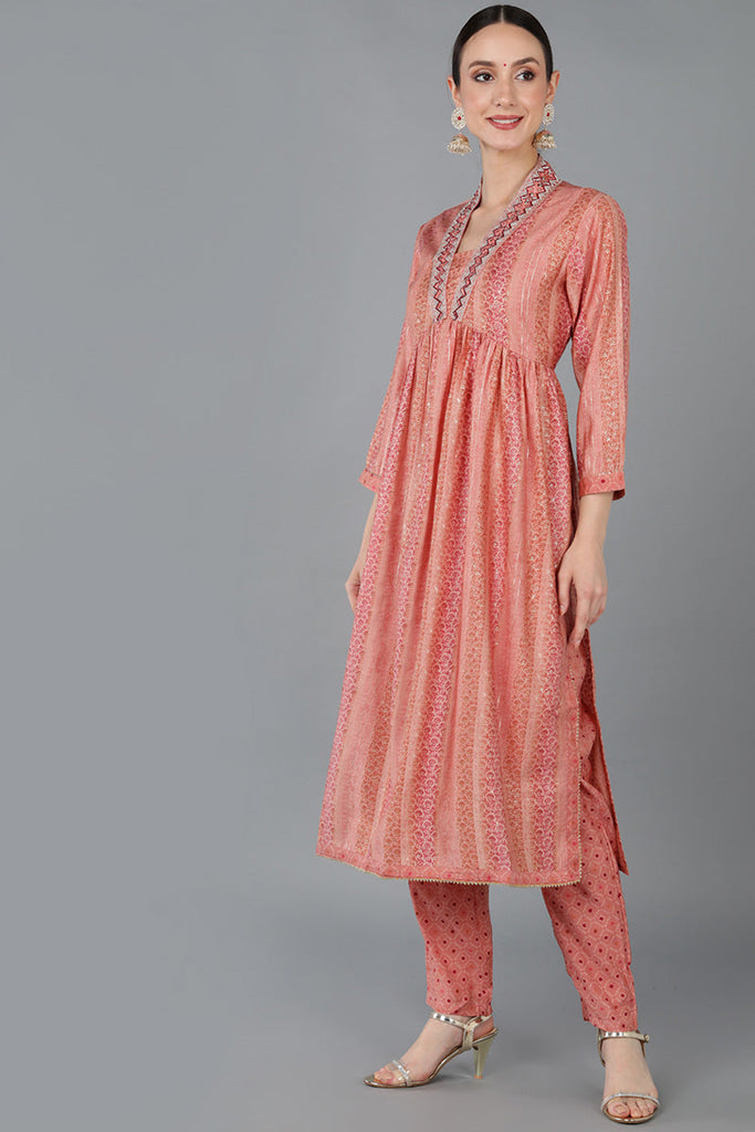 Peach Silk Blend Abstract Anarkali Kurta Trousers With Dupatta 