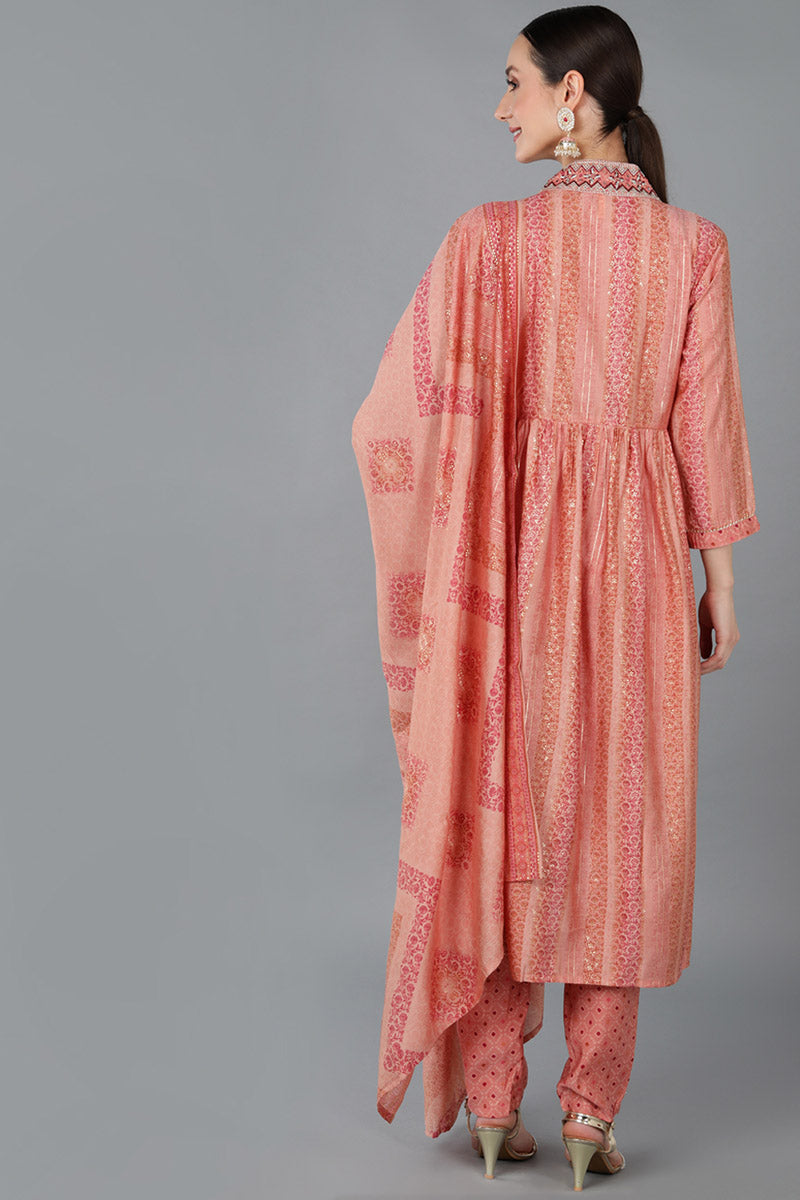 Peach Silk Blend Abstract Anarkali Kurta Trousers With Dupatta 