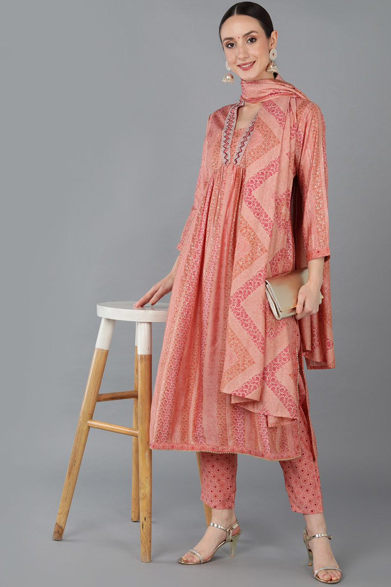 Peach Silk Blend Abstract Anarkali Kurta Trousers With Dupatta 