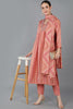 Peach Silk Blend Abstract Anarkali Kurta Trousers With Dupatta 