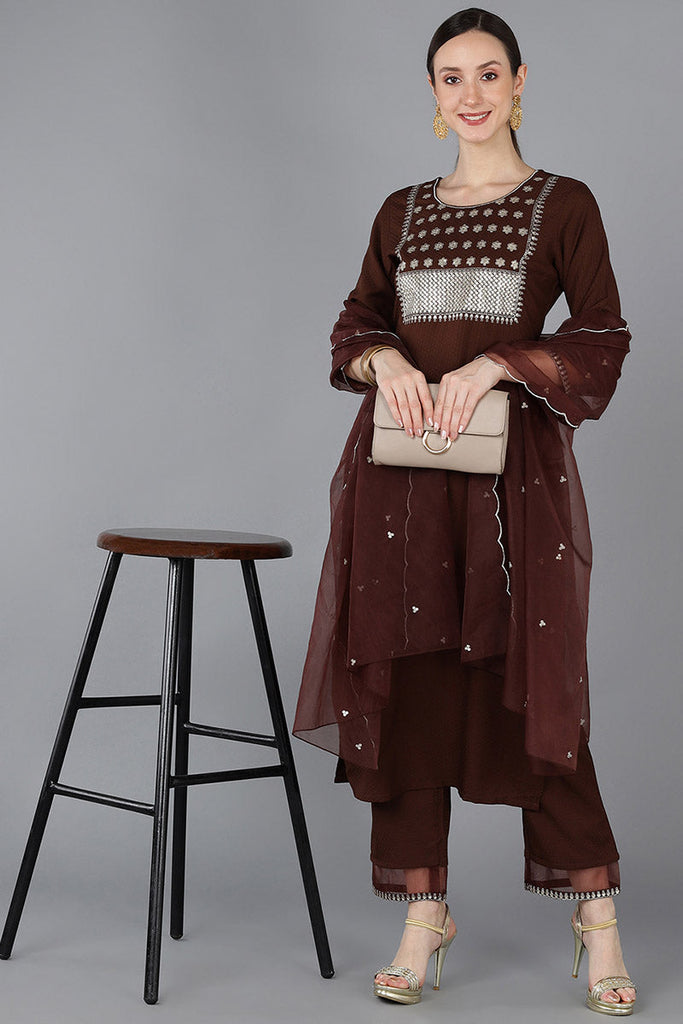  Women Brown Poly Silk Yoke Design