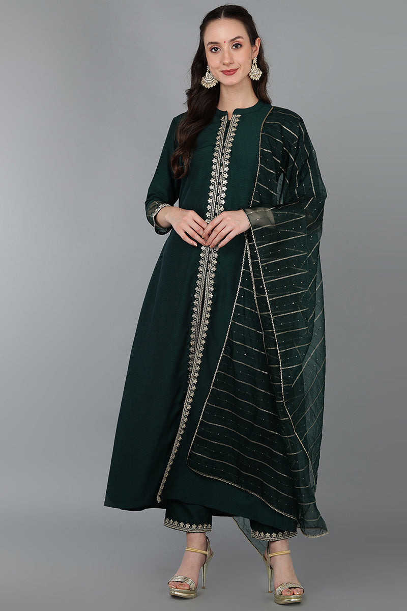 Green Silk Blend Solid A-Line Kurta Trousers With Dupatta 