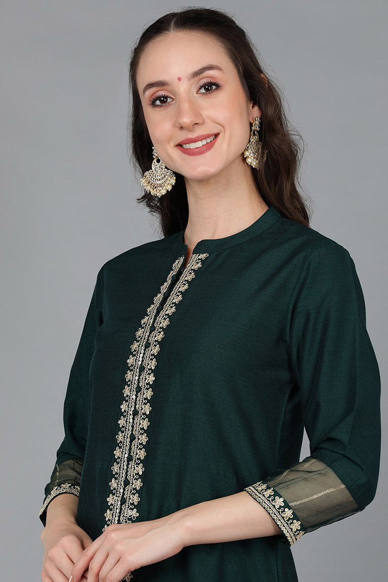 Green Silk Blend Solid A-Line Kurta Trousers With Dupatta 