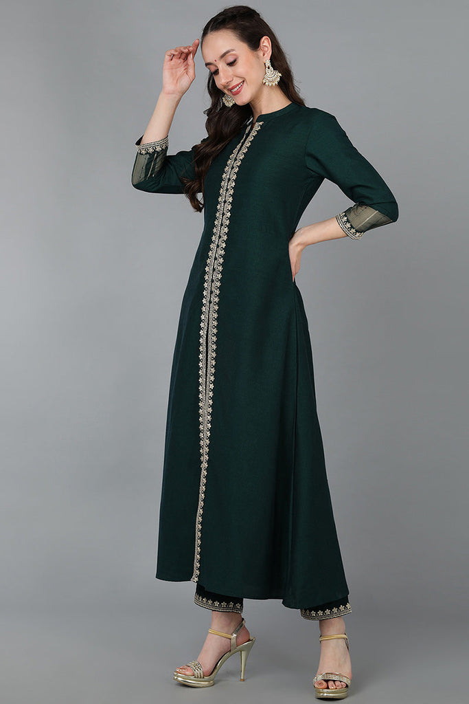 Green Silk Blend Solid A-Line Kurta Trousers With Dupatta 