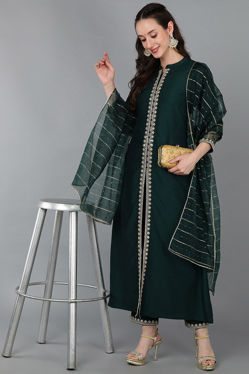 Green Silk Blend Solid A-Line Kurta Trousers With Dupatta 