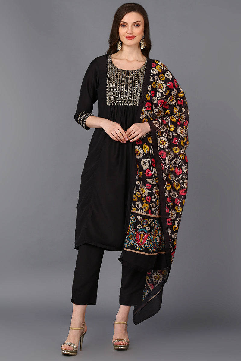 Black Silk Blend Solid Straight Suit Set PKSKD1701