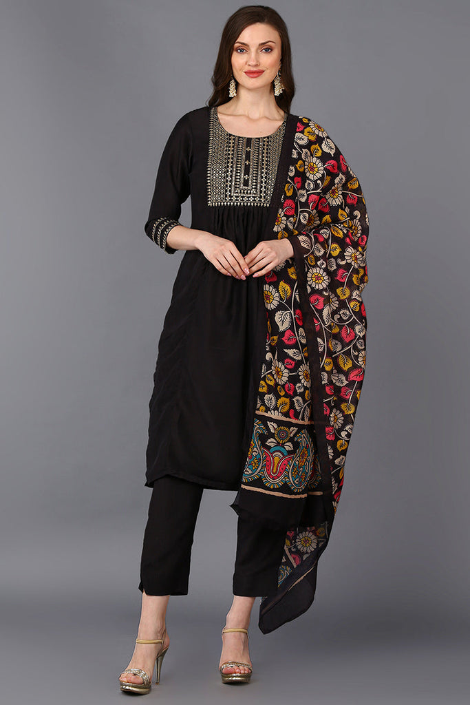 Black Silk Blend Solid Straight Suit Set PKSKD1701