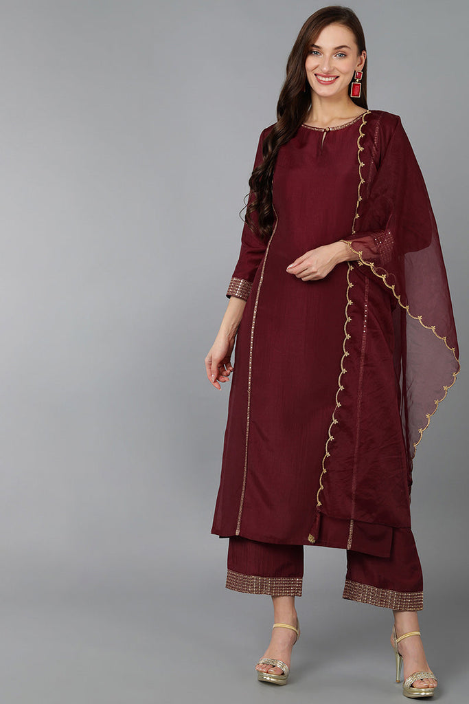 Maroon Silk Blend Solid Straight Kurta Trousers With Dupatta 