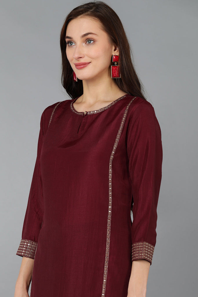 Maroon Silk Blend Solid Straight Kurta Trousers With Dupatta 