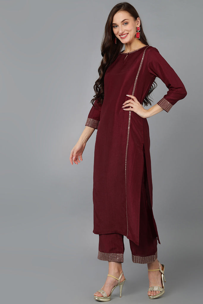 Maroon Silk Blend Solid Straight Kurta Trousers With Dupatta 