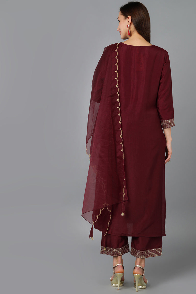 Maroon Silk Blend Solid Straight Kurta Trousers With Dupatta 