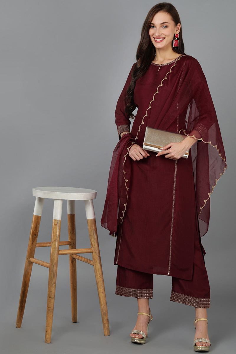 Maroon Silk Blend Solid Straight Kurta Trousers With Dupatta 