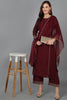 Maroon Silk Blend Solid Straight Kurta Trousers With Dupatta 