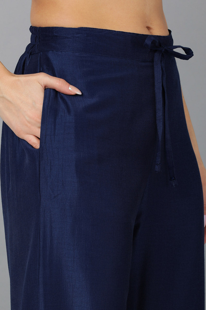 Navy Blue Silk Blend Solid Straight Kurta Trousers With Dupatta 