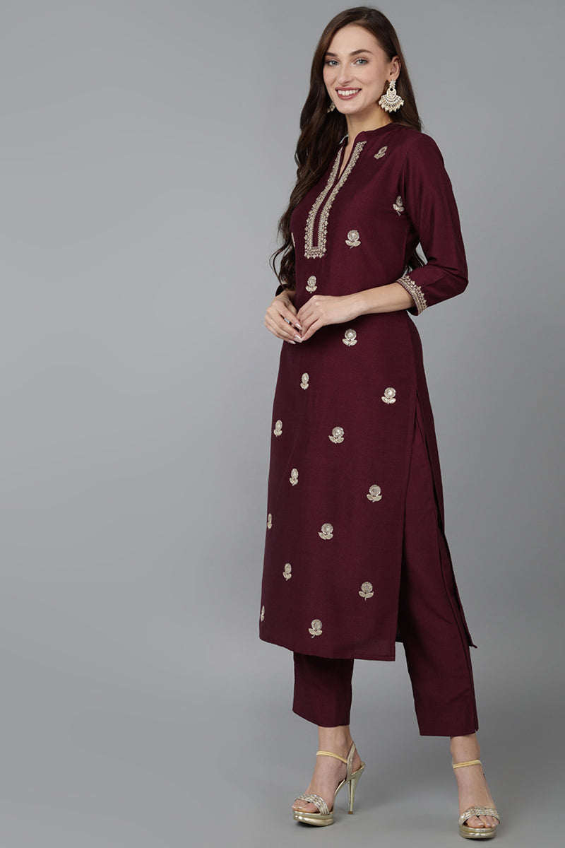 Magenta Silk Blend Solid Straight Kurta Trousers With Dupatta 