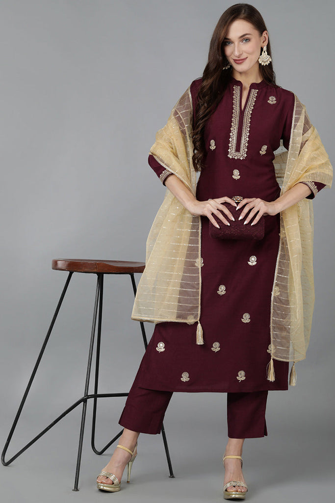 Magenta Silk Blend Solid Straight Kurta Trousers With Dupatta 