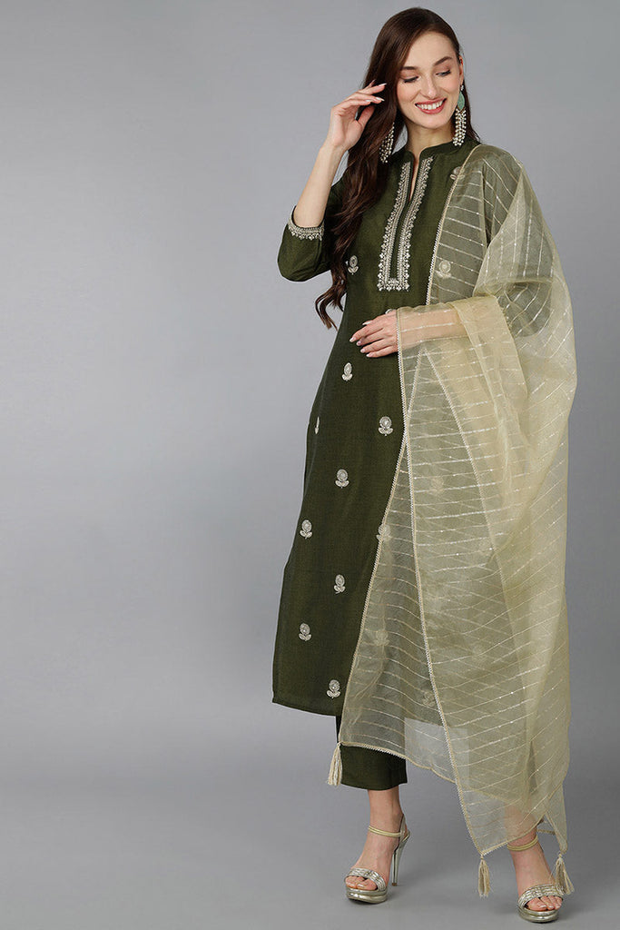 Green Silk Blend Solid Straight Kurta Trousers With Dupatta 