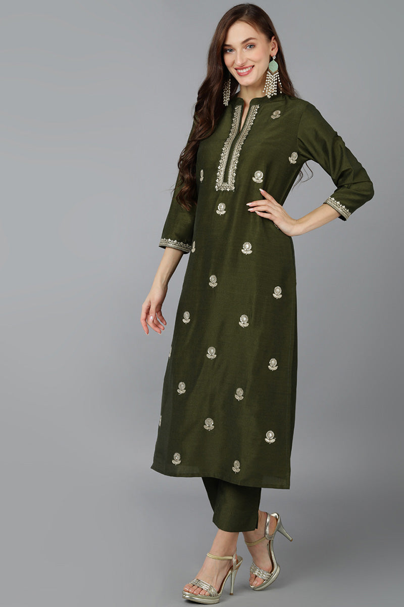 Green Silk Blend Solid Straight Kurta Trousers With Dupatta 