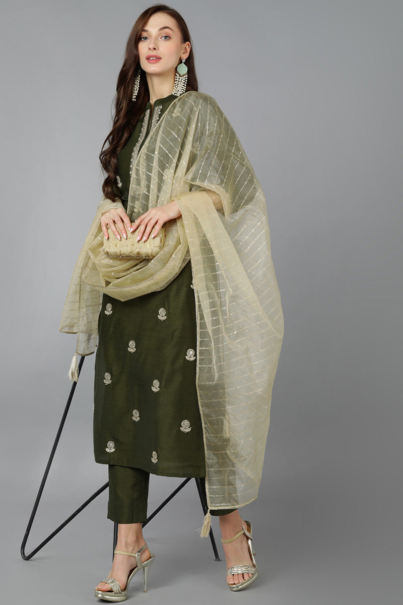 Green Silk Blend Solid Straight Kurta Trousers With Dupatta 