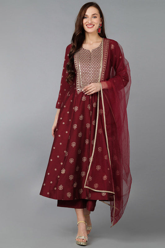 Maroon Silk Blend Woven Design Anarkali Kurta Trousers With Dupatta 