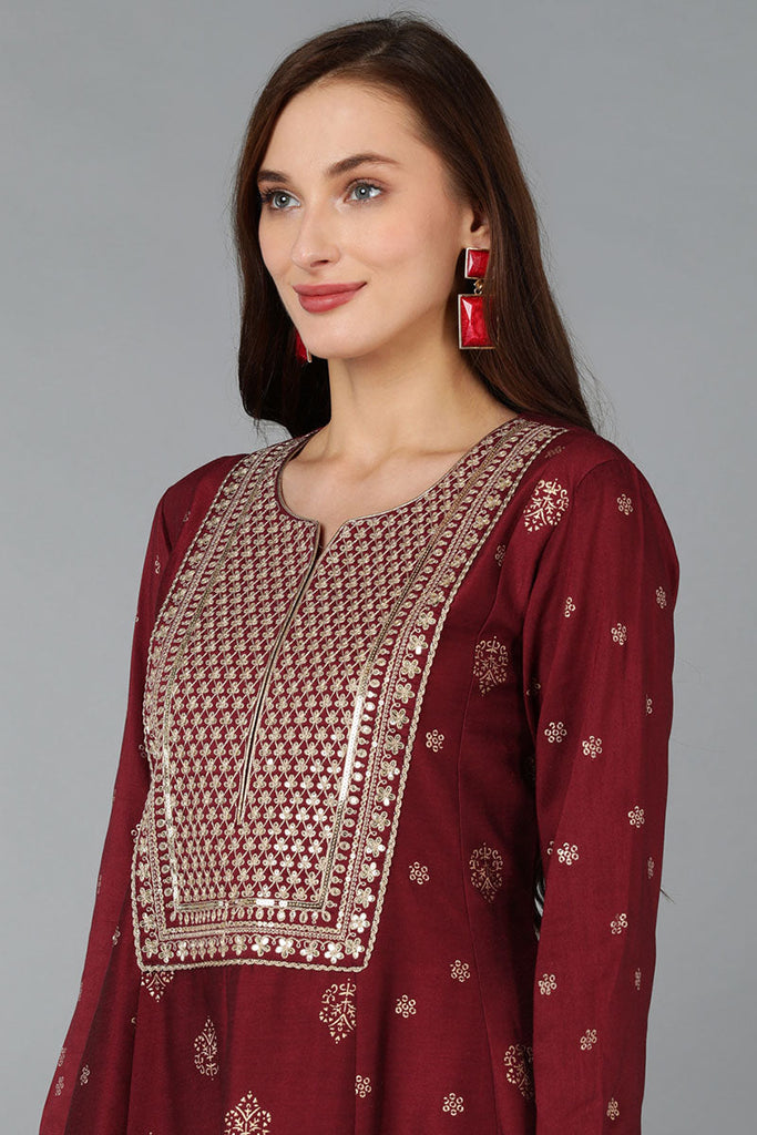 Maroon Silk Blend Woven Design Anarkali Kurta Trousers With Dupatta 