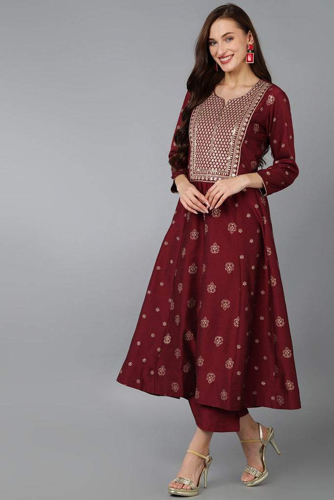 Maroon Silk Blend Woven Design Anarkali Kurta Trousers With Dupatta 