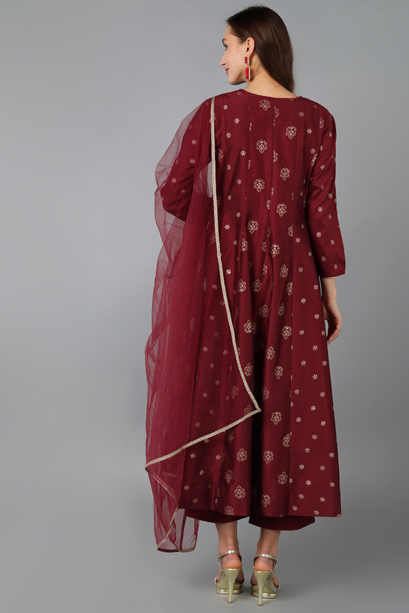 Maroon Silk Blend Woven Design Anarkali Kurta Trousers With Dupatta 