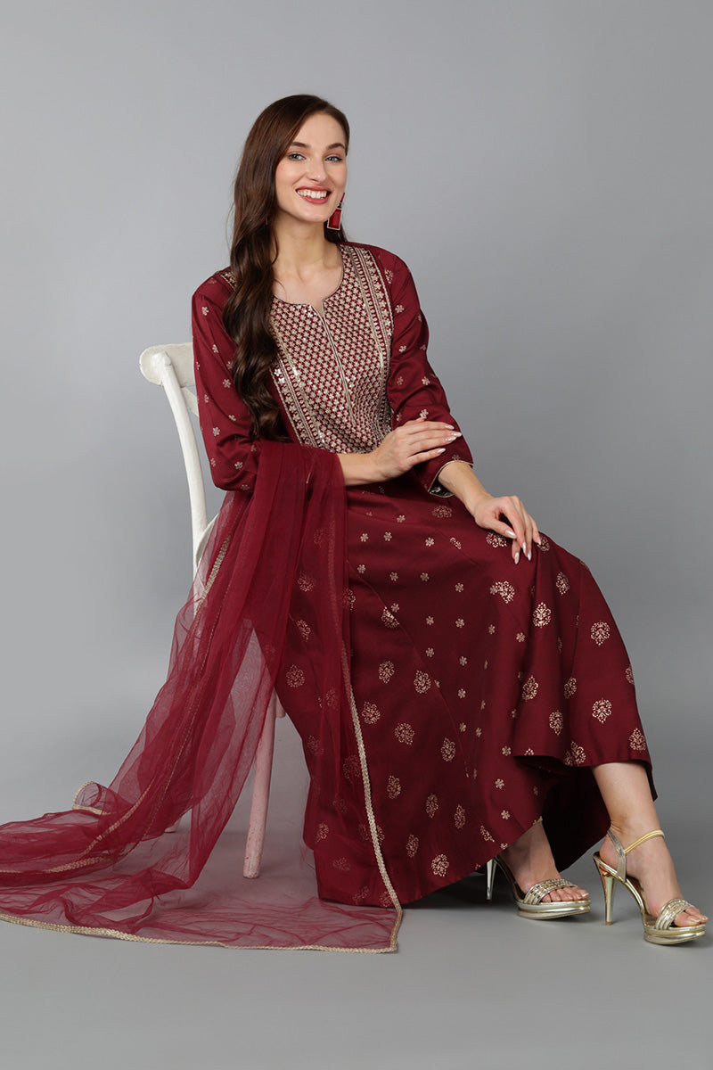 Maroon Silk Blend Woven Design Anarkali Kurta Trousers With Dupatta 