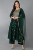 Green Silk Blend Woven Design Anarkali Kurta Trousers With Dupatta 