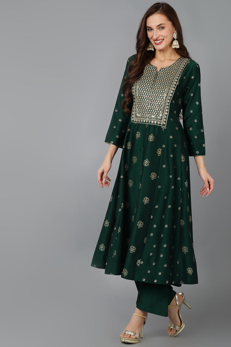 Green Silk Blend Woven Design Anarkali Kurta Trousers With Dupatta 